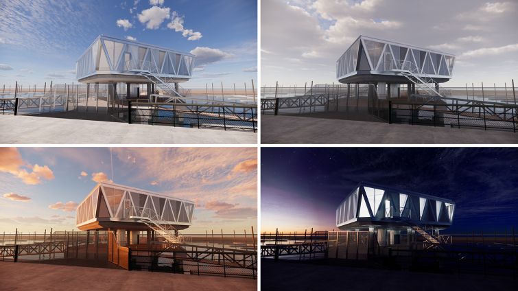 Renderings of the dock house viewed at various times of day.