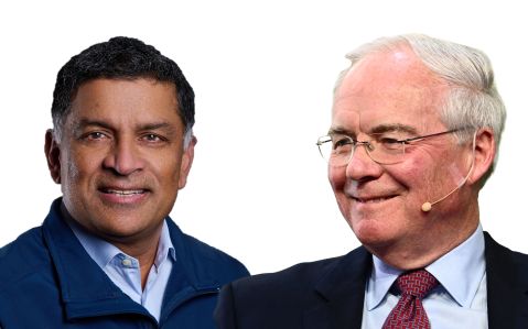 Albertsons CEO Vivek Sankaran and Kroger CEO Rodney McMullen.