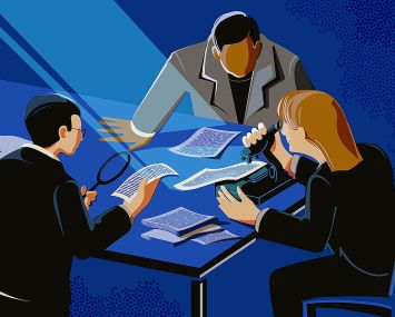 Illustration of three people sitting around a table looking at documents.