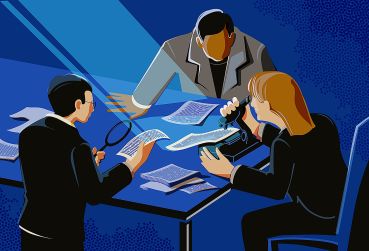 Illustration of three people sitting around a table looking at documents.