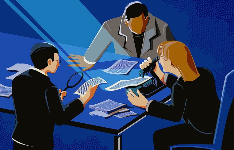 Illustration of three people sitting around a table looking at documents.