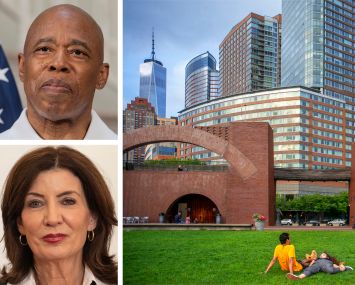Mayor Eric Adams, Gov. Kathy Hochul, and Battery Park.