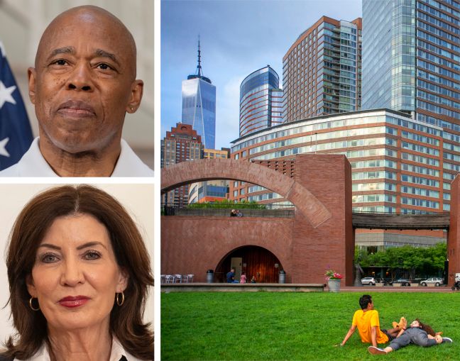 Mayor Eric Adams, Gov. Kathy Hochul, and Battery Park.