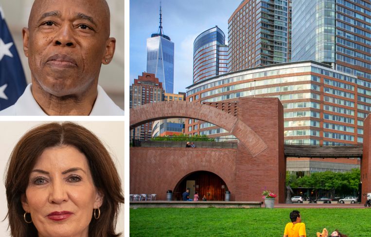 Mayor Eric Adams, Gov. Kathy Hochul, and Battery Park.