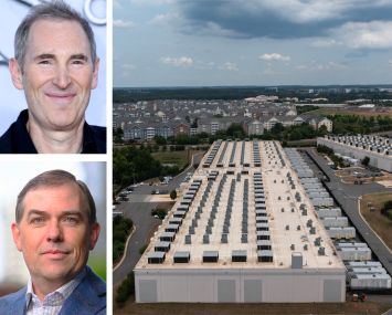 Amazon CEO Andy Jassy, Amazon Web Services CEO Matt Garman, and an Amazon Web Services data center is shown in Ashburn, Virginia.