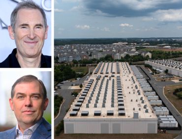 Amazon CEO Andy Jassy, Amazon Web Services CEO Matt Garman, and an Amazon Web Services data center is shown in Ashburn, Virginia.