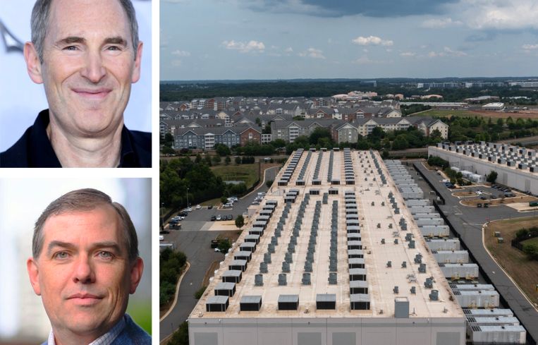 Amazon CEO Andy Jassy, Amazon Web Services CEO Matt Garman, and an Amazon Web Services data center is shown in Ashburn, Virginia.
