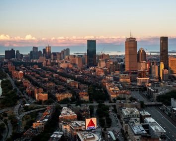 A wide, aerial shot of a city.