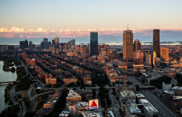 A wide, aerial shot of a city.