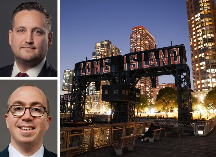 Pinnacle Realty's Brendan Burke and Paul Bralower. The Long Island sign in Gantry Plaza, Long Island City, Queens.