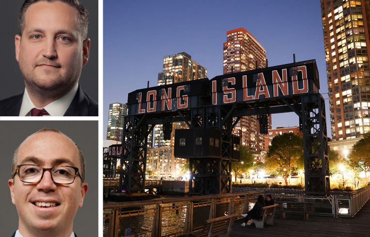 Pinnacle Realty's Brendan Burke and Paul Bralower. The Long Island sign in Gantry Plaza, Long Island City, Queens.