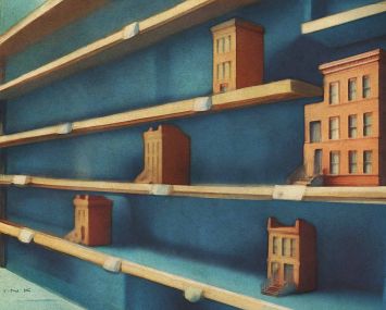 An illustration of nearly empty store shelves holding multifamily buildings.