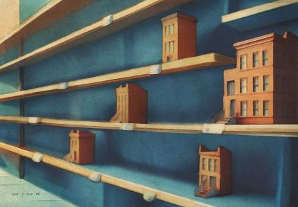 An illustration of nearly empty store shelves holding multifamily buildings.