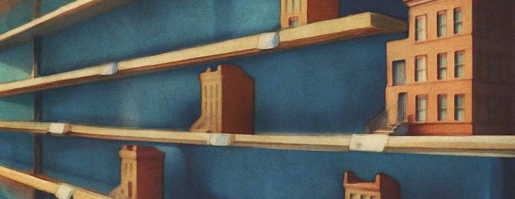 An illustration of nearly empty store shelves holding multifamily buildings.