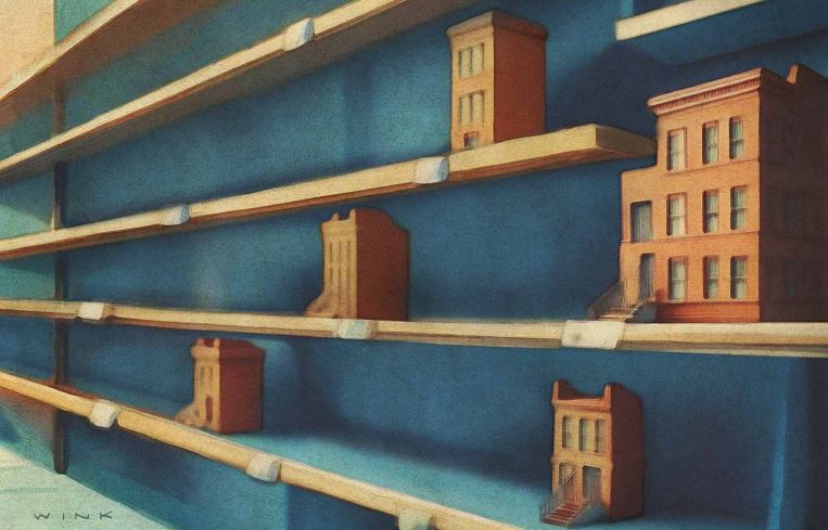 An illustration of nearly empty store shelves holding multifamily buildings.