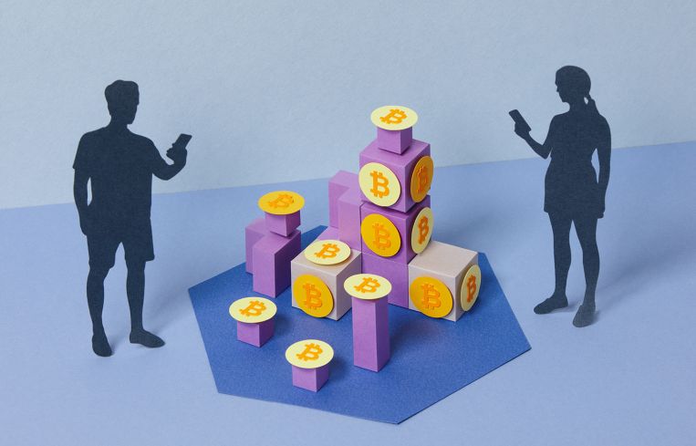 Paper craft illustration of younger people investing to or mining cryptocurrency.