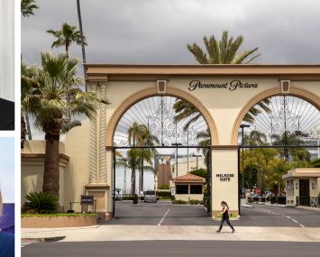 David Ellison, Shari Redstone, and the entrance to Paramount Pictures.