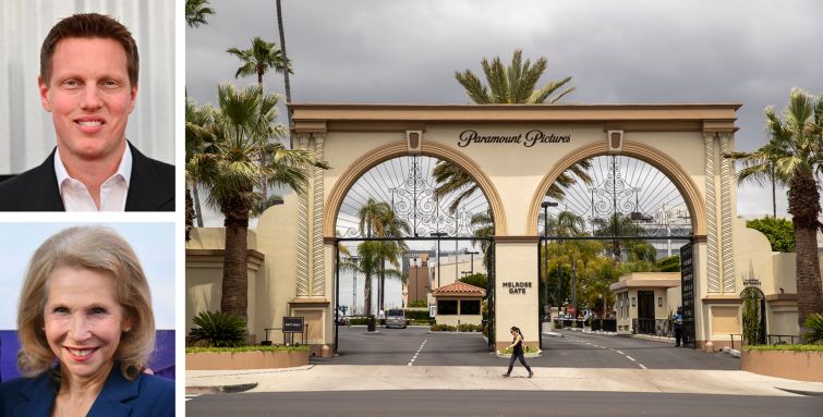 David Ellison, Shari Redstone, and the entrance to Paramount Pictures.