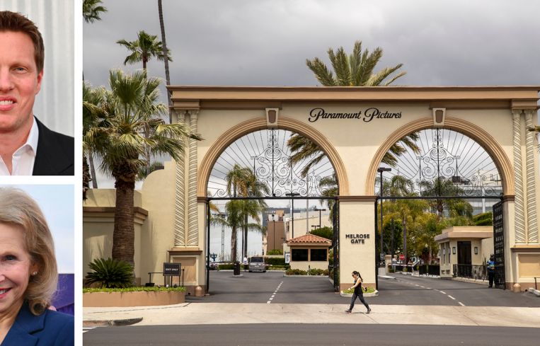 David Ellison, Shari Redstone, and the entrance to Paramount Pictures.
