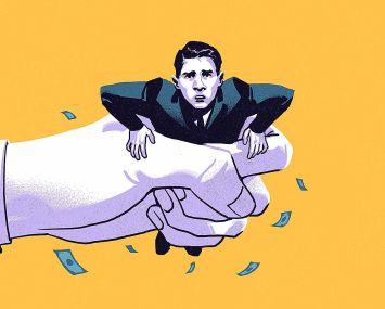 A drawing of a man being squeezed by a giant hand.