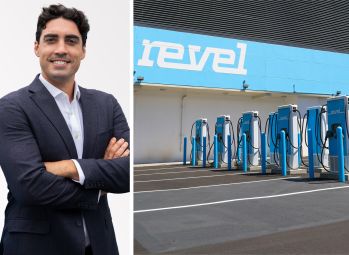Revel co-founder and CEO Frank Reig and a Revel charging station in Brooklyn.
