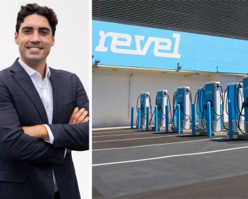 Revel co-founder and CEO Frank Reig and a Revel charging station in Brooklyn.