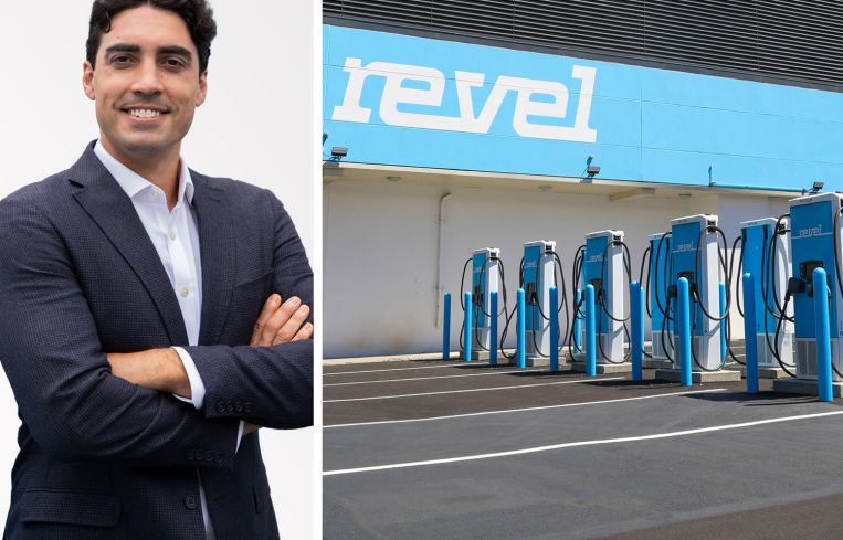 Revel co-founder and CEO Frank Reig and a Revel charging station in Brooklyn.