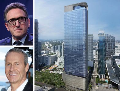 Top, Jonathan Goldstein, CEO of Cain International; Vladislav Doronin, CEO of Oko Group, and 830 Brickell, which is 93 percent leased.