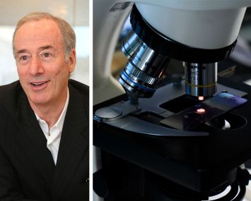Alexandria Real Estate Equities Founder and Chairman Joel Marcus and a microscope