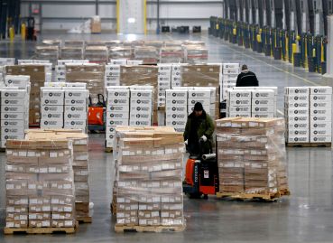 Pallets of frozen meat are moved through the Lineage Cool Port Oakland temperature controlled distribution center.