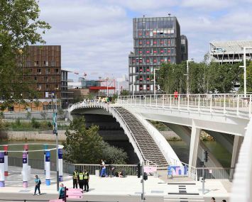 Olympic village seen from the Village plaza in Saint-Denis on July 22, 2024 in Paris, France.