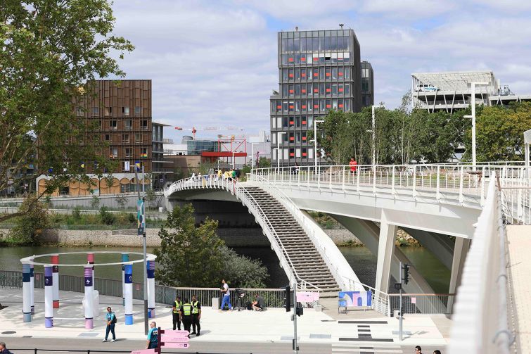 Olympic village seen from the Village plaza in Saint-Denis on July 22, 2024 in Paris, France.