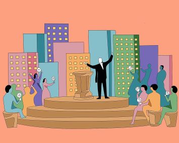 A drawing of an auction of office buildings.