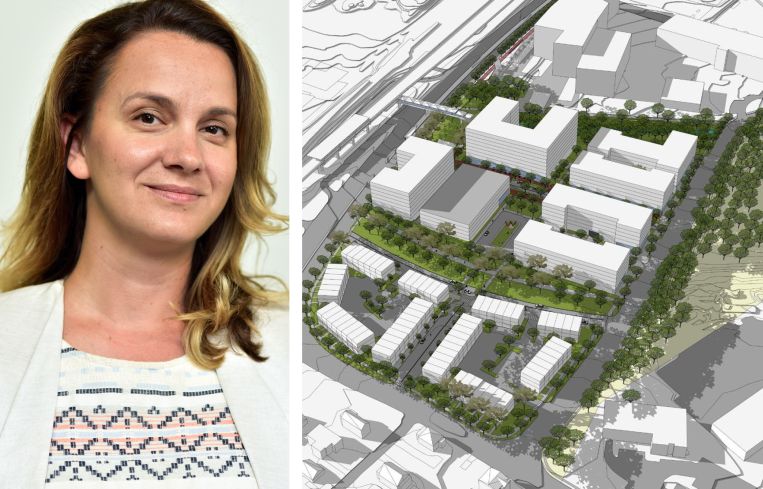Baltimore UDAAP Chairperson Pavlina Ilieva and rendering of Wabash Town Center at Reisterstown Plaza.