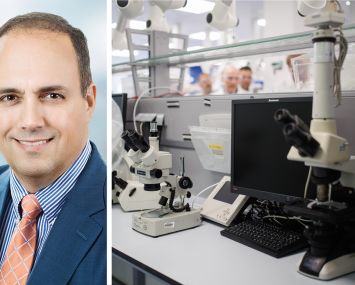 Alexandria Real Estate CEO Peter Moglia. Microscopes in a laboratory.