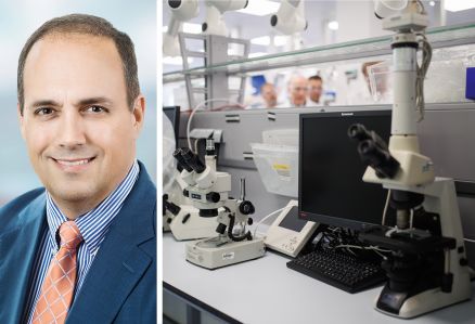 Alexandria Real Estate CEO Peter Moglia. Microscopes in a laboratory.