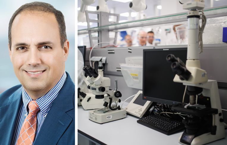 Alexandria Real Estate CEO Peter Moglia. Microscopes in a laboratory.