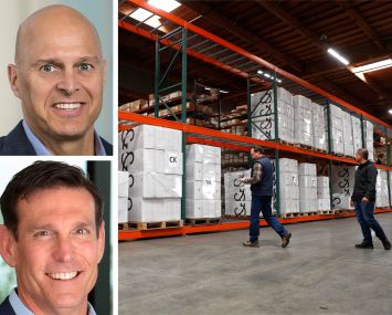 Overton Moore Properties Managing Partner and CEO Timur Tecimer, Partner and CIO Peter Cassiano, workers inside a warehouse.