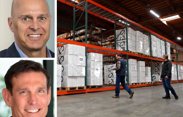 Overton Moore Properties Managing Partner and CEO Timur Tecimer, Partner and CIO Peter Cassiano, workers inside a warehouse.