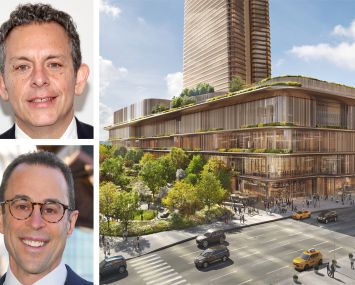 Assemblyman Tony Simone, Related Companies CEO Jeff Blau, and a rendering of Wynn Resorts and Related Companies planned Hudson Yards casino.