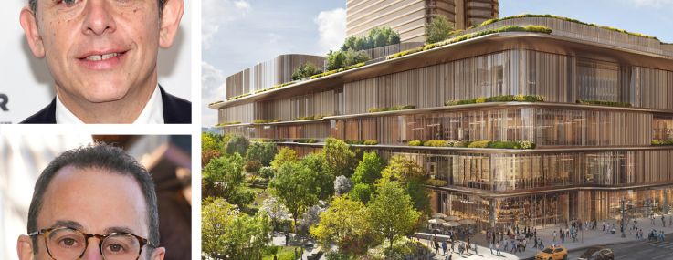 Assemblyman Tony Simone, Related Companies CEO Jeff Blau, and a rendering of Wynn Resorts and Related Companies planned Hudson Yards casino.