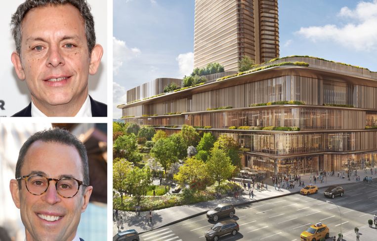 Assemblyman Tony Simone, Related Companies CEO Jeff Blau, and a rendering of Wynn Resorts and Related Companies planned Hudson Yards casino.