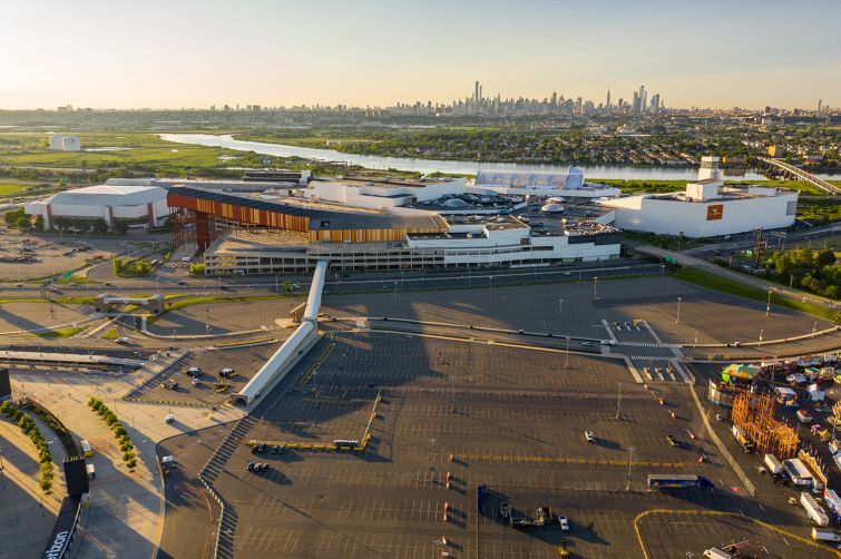 An aerial shot of the Meadowlands Sports Complex, nearby One Met Center office building.