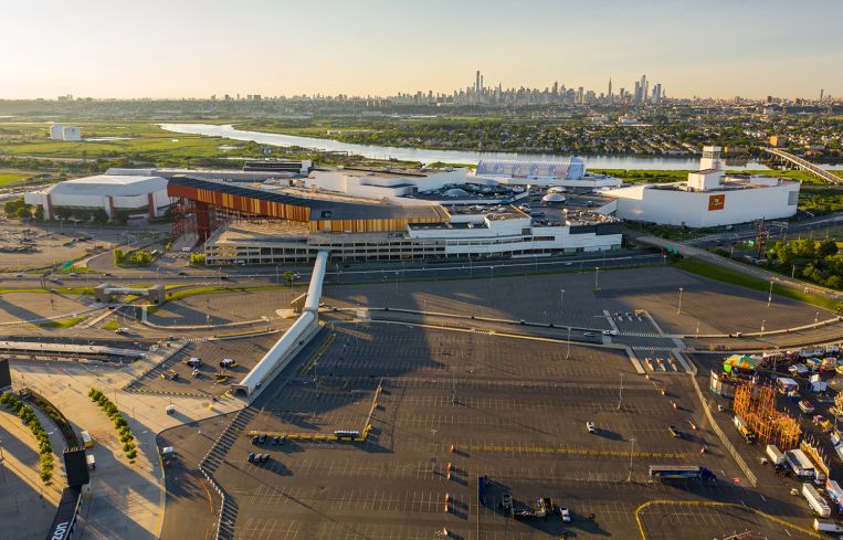 An aerial shot of the Meadowlands Sports Complex, nearby One Met Center office building.