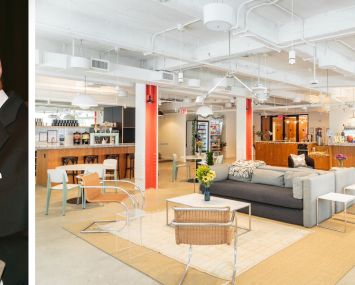 John Santora and a WeWork tenant lounge.