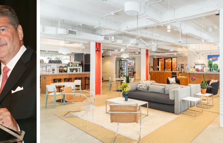John Santora and a WeWork tenant lounge.