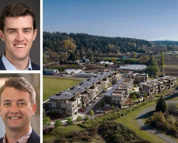 Nuveen Green Capital's Aidan McLaughlin, Columbia Pacific Advisors' Will Nelson, and a rendering River Run Townhomes.