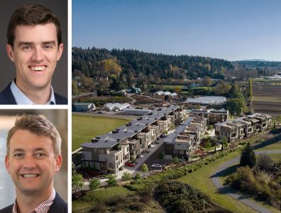 Nuveen Green Capital's Aidan McLaughlin, Columbia Pacific Advisors' Will Nelson, and a rendering River Run Townhomes.