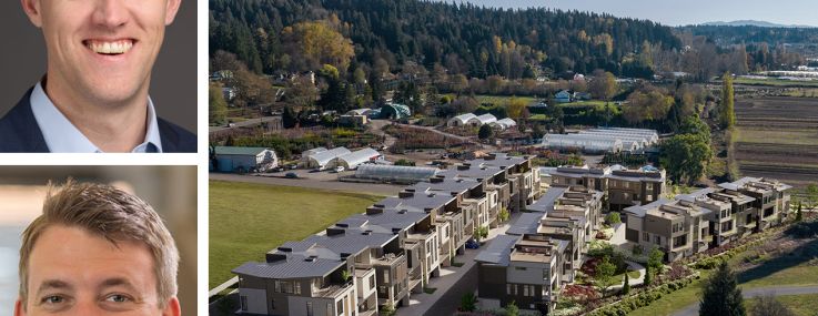 Nuveen Green Capital's Aidan McLaughlin, Columbia Pacific Advisors' Will Nelson, and a rendering River Run Townhomes.