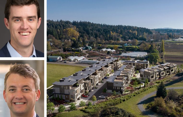 Nuveen Green Capital's Aidan McLaughlin, Columbia Pacific Advisors' Will Nelson, and a rendering River Run Townhomes.
